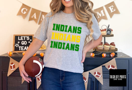 DTF INDIANS GREEN/YELLOW GOLD RETRO STACKED TEXT GAME DAY TRANSFER