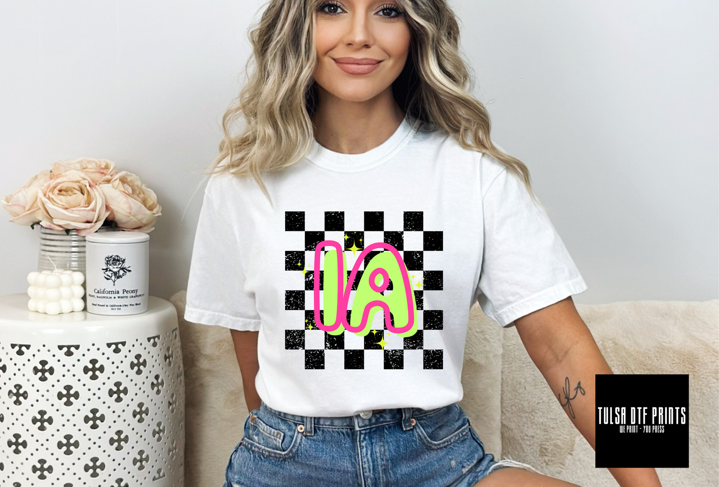 DTF IOWA NEON CHECKERED STATE TRANSFER