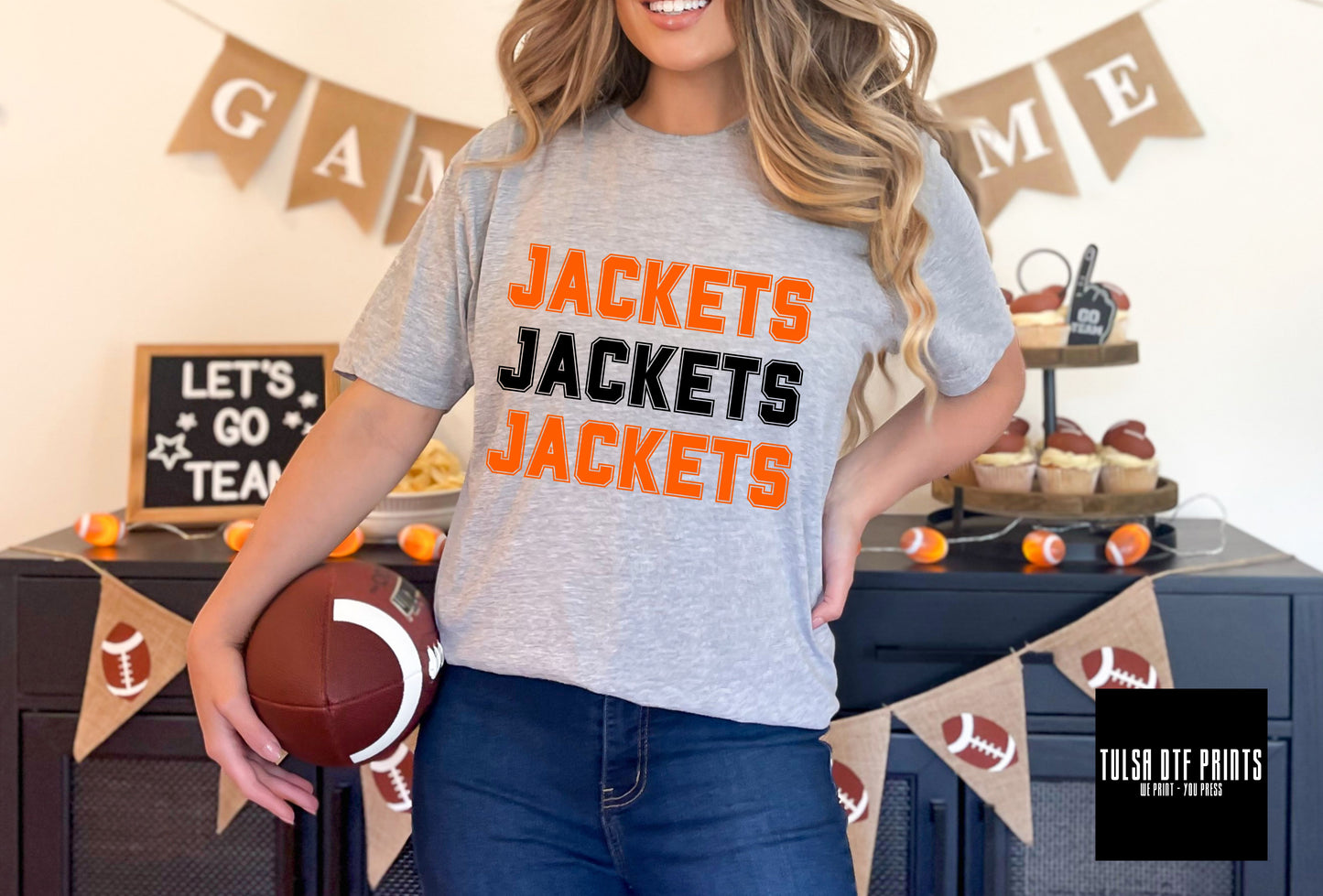 DTF JACKETS ORANGE/BLACK RETRO STACKED TEXT GAME DAY TRANSFER