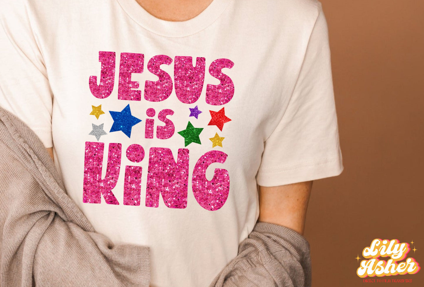DTF JESUS IS KING PINK SPARKLY TRANSFER