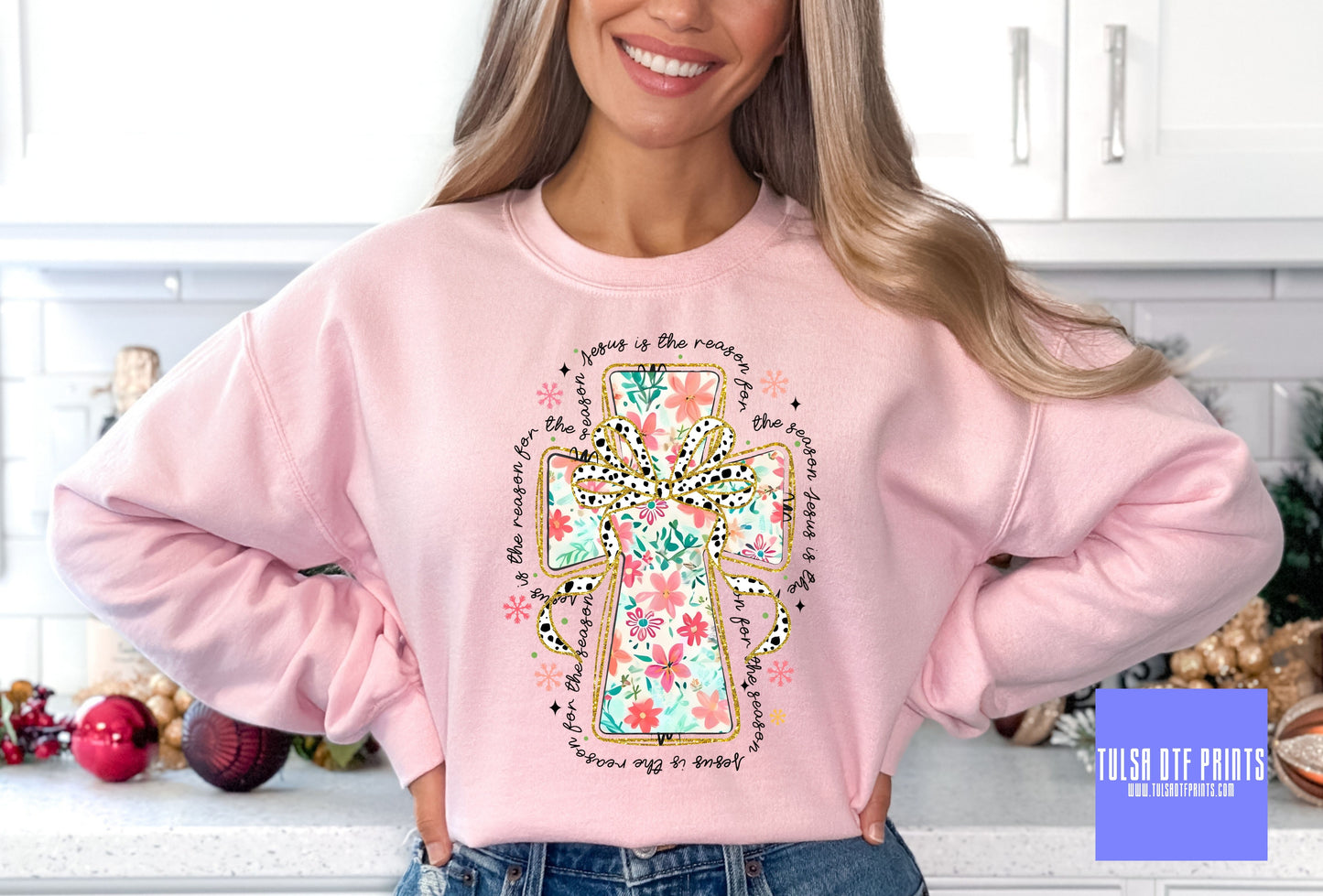 DTF JESUS IS THE REASON FLORAL CROSS TRANSFER