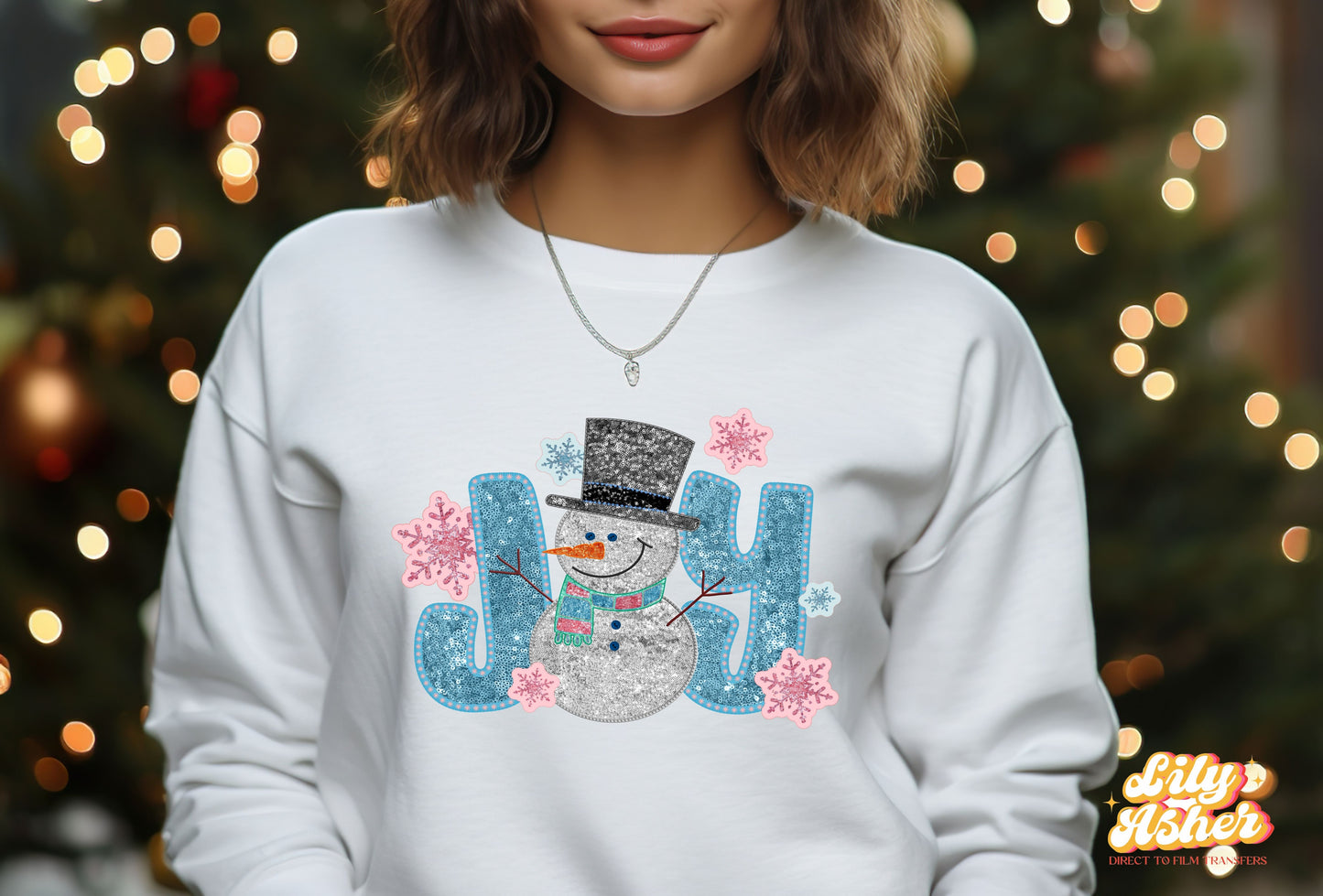 DTF JOY SNOWMAN FAUX EMBROIDERY SEQUIN TRANSFER