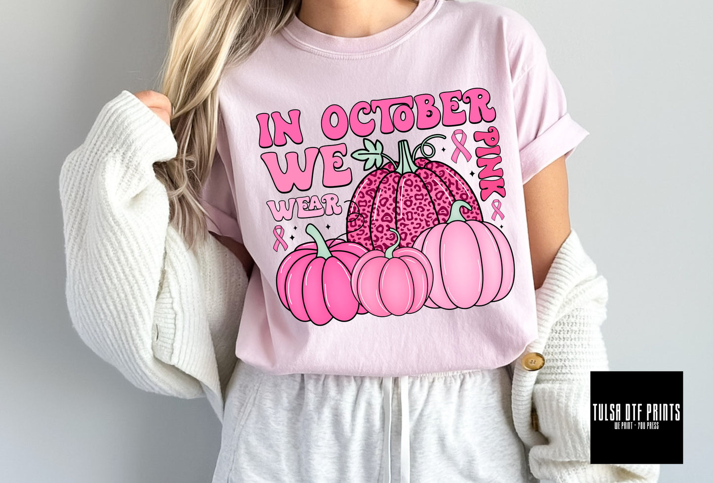 DTF IN OCTOBER WE WEAR PINK W/ LEO PUMPKIN TRANSFER