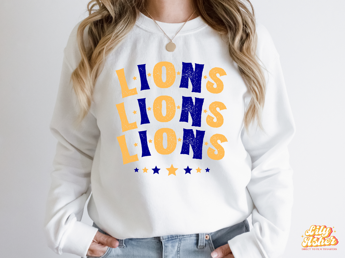 DTF LIONS YELLOW GOLD-NAVY BLUE STACKED TEXT W/ STARS TRANSFER