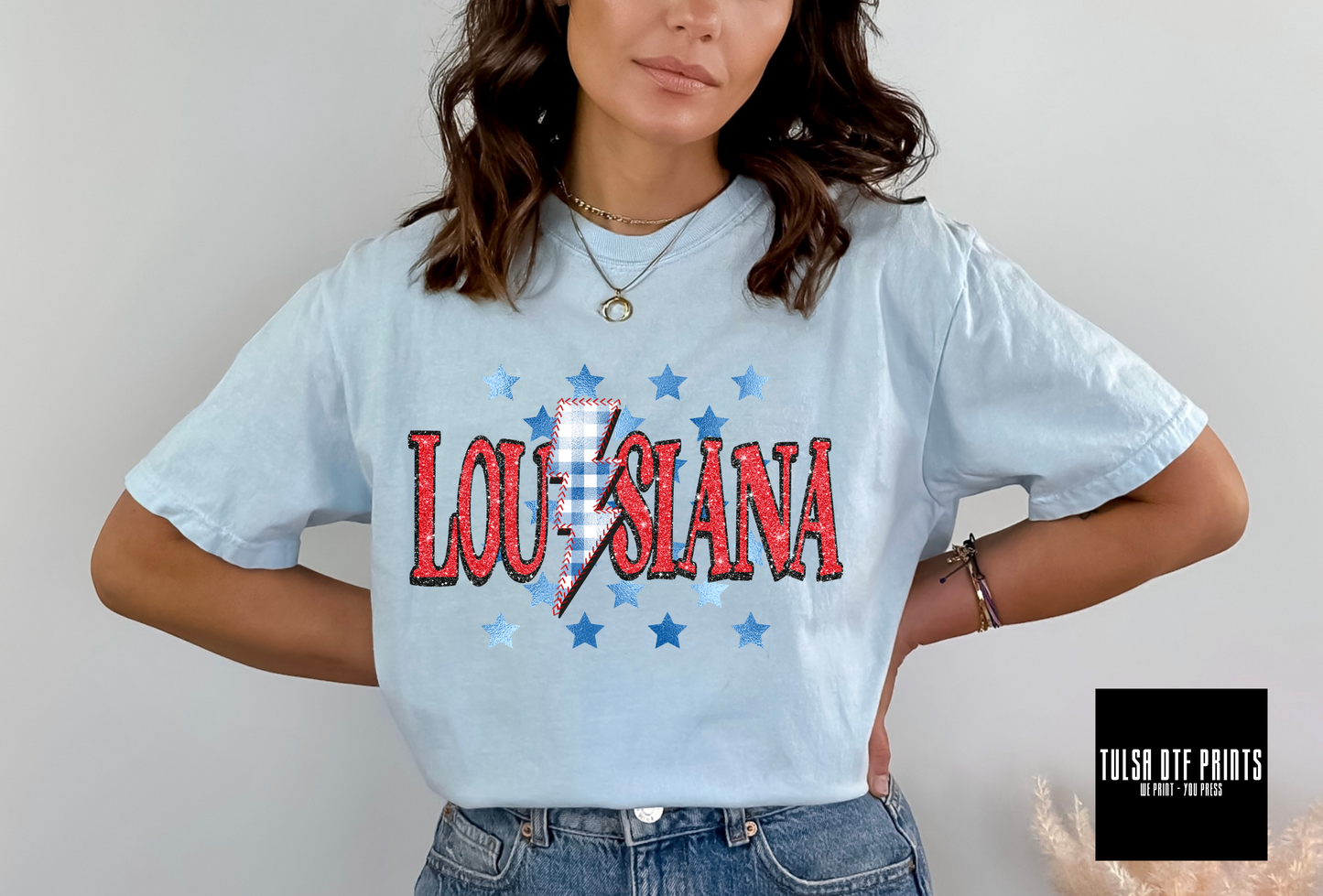 DTF LOUISIANA GLITTER - FOIL STARS GINGHAM STITCHED BOLT TRANSFER