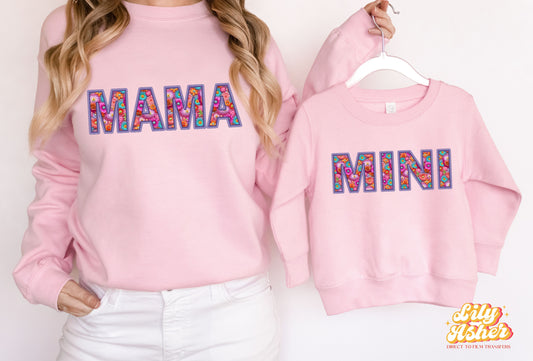 DTF MAMA/MINI FAUX FLOWER EMBROIDERY TRANSFER