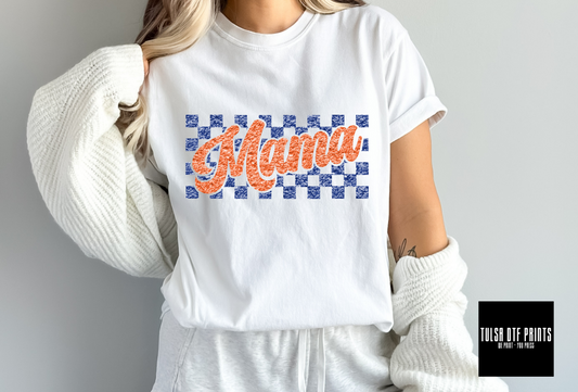 DTF MAMA CHECKERED BLUE/ORANGE FAUX CHENILLE TRANSFER