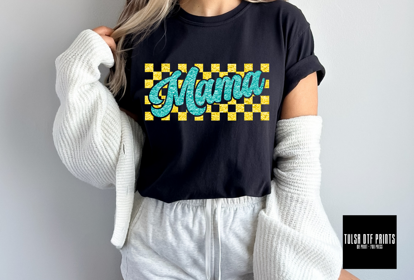 DTF MAMA CHECKERED CYAN/YELLOW FAUX CHENILLE TRANSFER