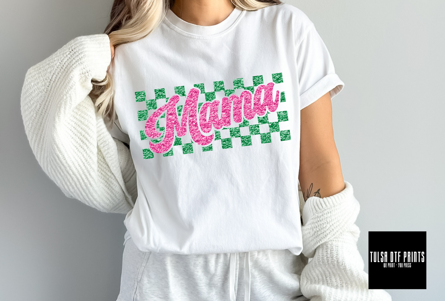 DTF MAMA CHECKERED PINK/GREEN FAUX CHENILLE TRANSFER