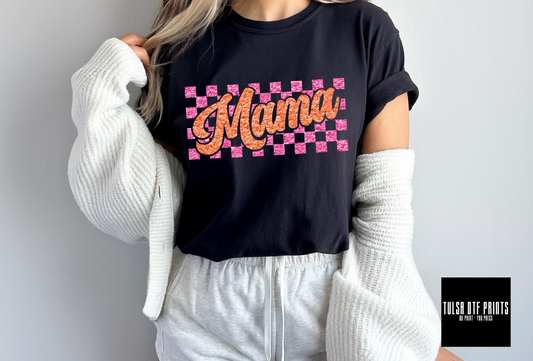 DTF MAMA CHECKERED PINK/ORANGE FAUX CHENILLE TRANSFER