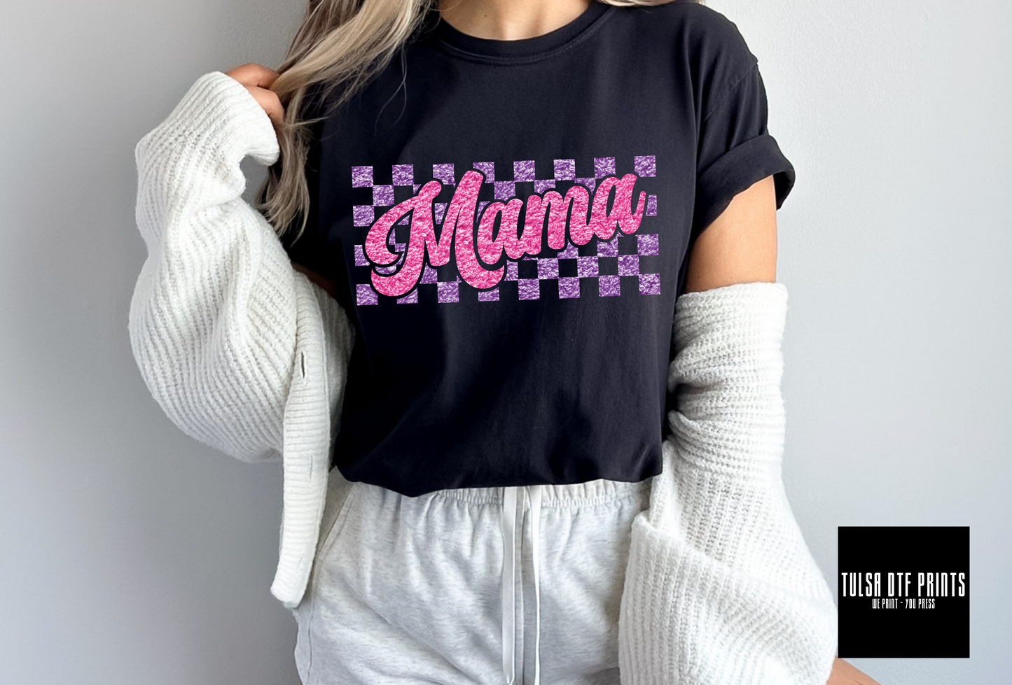 DTF MAMA CHECKERED PINK/PURPLE FAUX CHENILLE TRANSFER