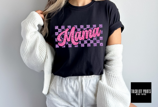 DTF MAMA CHECKERED PINK/PURPLE FAUX CHENILLE TRANSFER