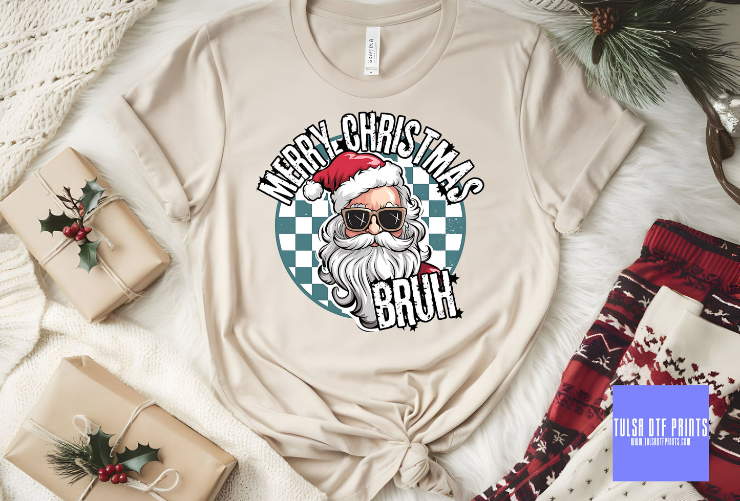 DTF MERRY CHRISTMAS BRUH TEAL CHECKERED TRANSFER