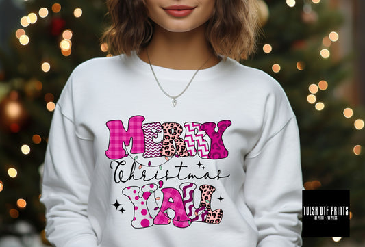 DTF MERRY CHRISTMAS YALL PINK PATTERNS TRANSFER