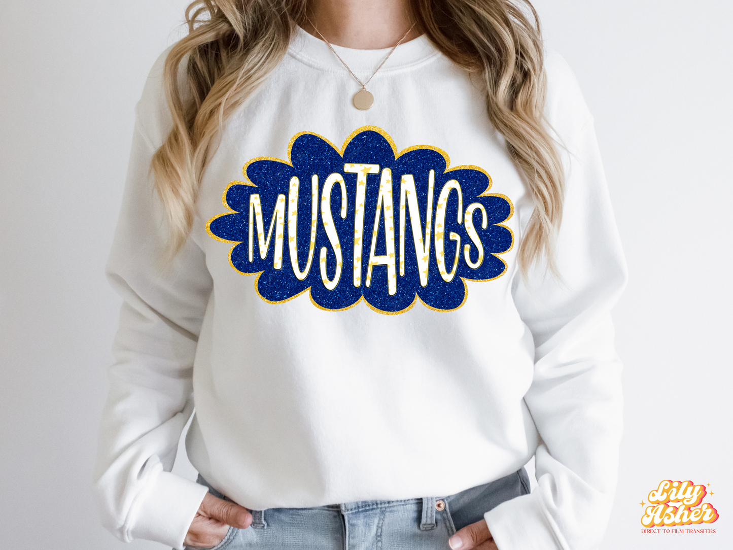 DTF MUSTANGS BLUE/YELLOW GOLD GLITTER CLOUD GAME DAY TRANSFER