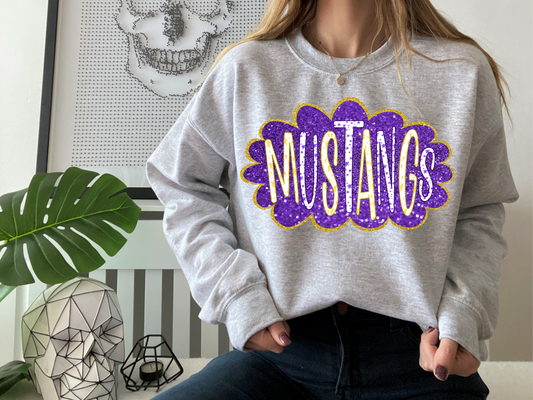 DTF MUSTANGS PURPLE/YELLOW GOLD GLITTER CLOUD GAME DAY TRANSFER