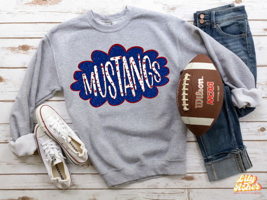 DTF MUSTANGS RED/BLUE GLITTER CLOUD GAME DAY TRANSFER