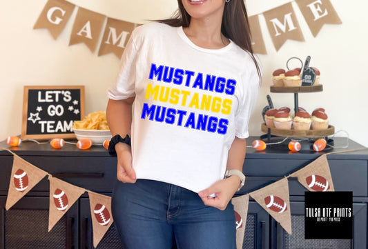 DTF MUSTANGS YELLOW GOLD/BLUE GOLD RETRO STACKED TEXT GAME DAY TRANSFER