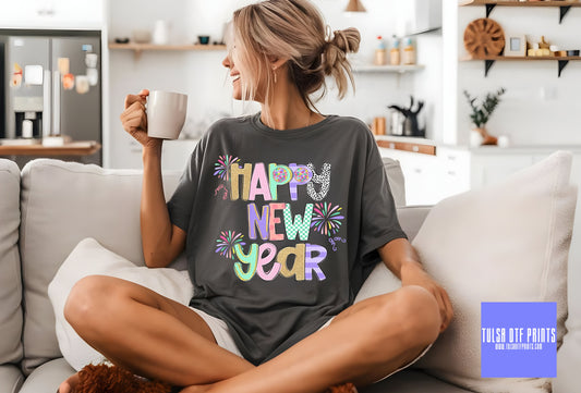 DTF HAPPY NEW YEAR PASTEL & GOLD LETTERS TRANSFER