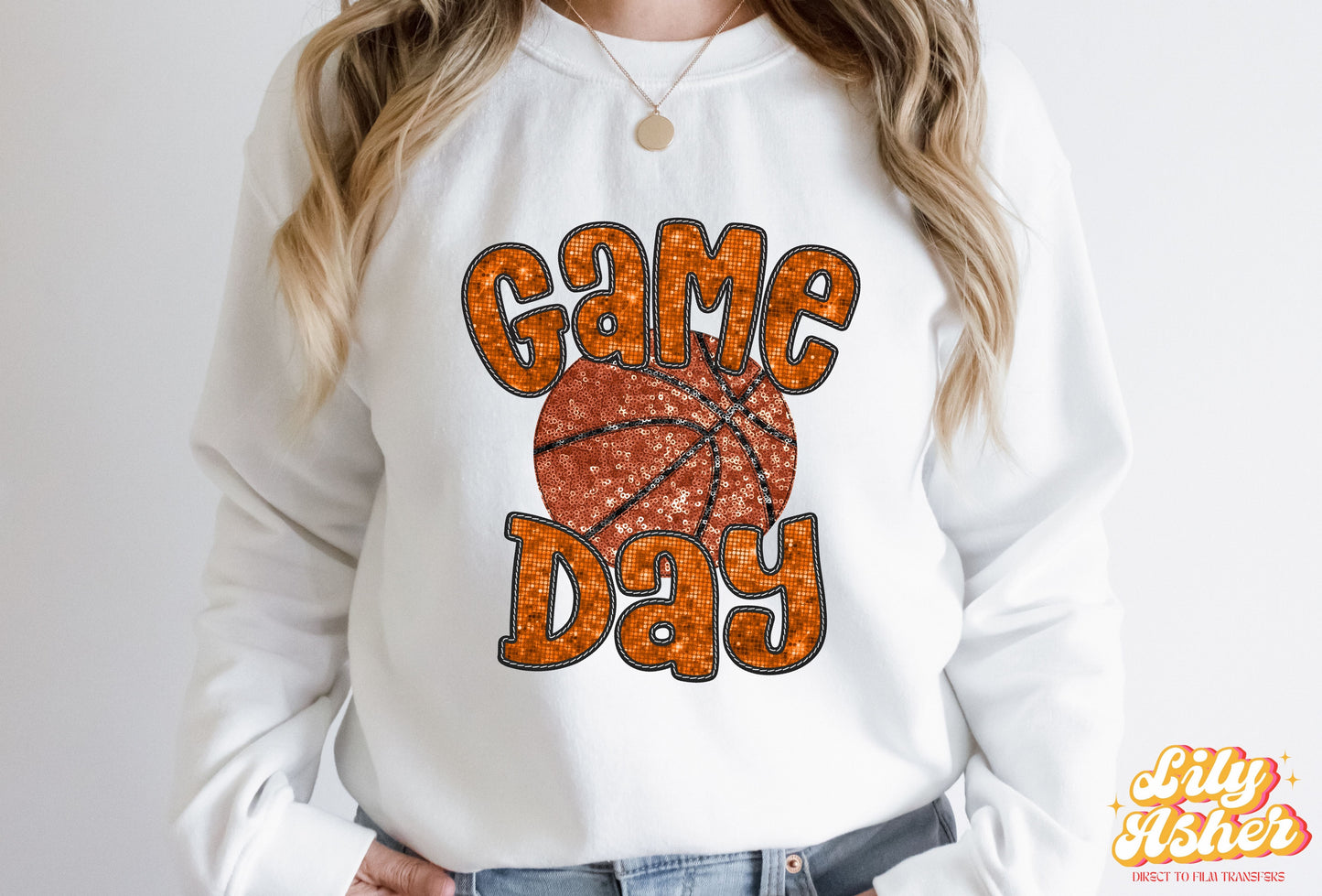 DTF ORANGE FAUX EMBROIDERY SEQUIN BASKETBALL TRANSFER