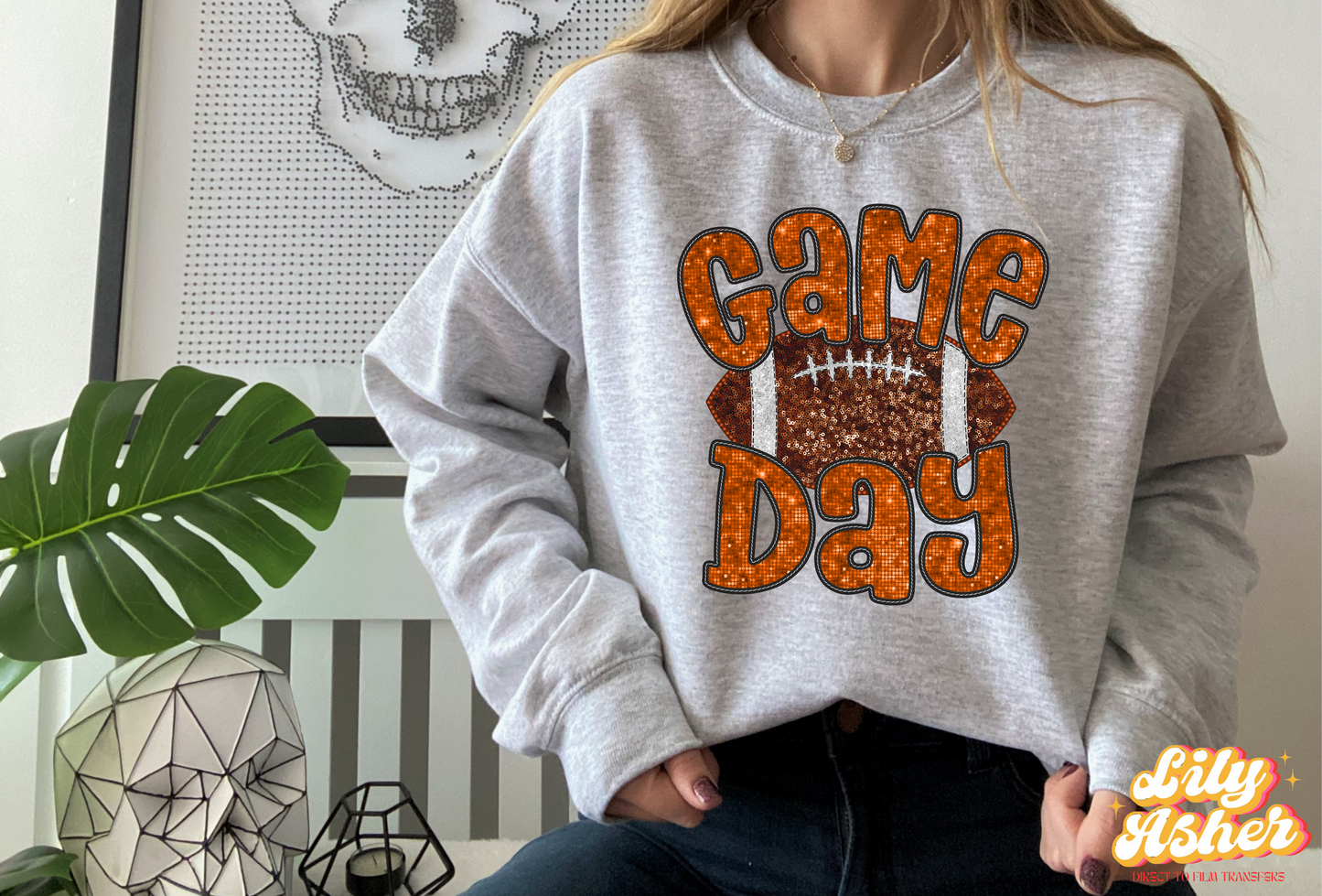 DTF ORANGE FAUX EMBROIDERY SEQUIN FOOTBALL TRANSFER