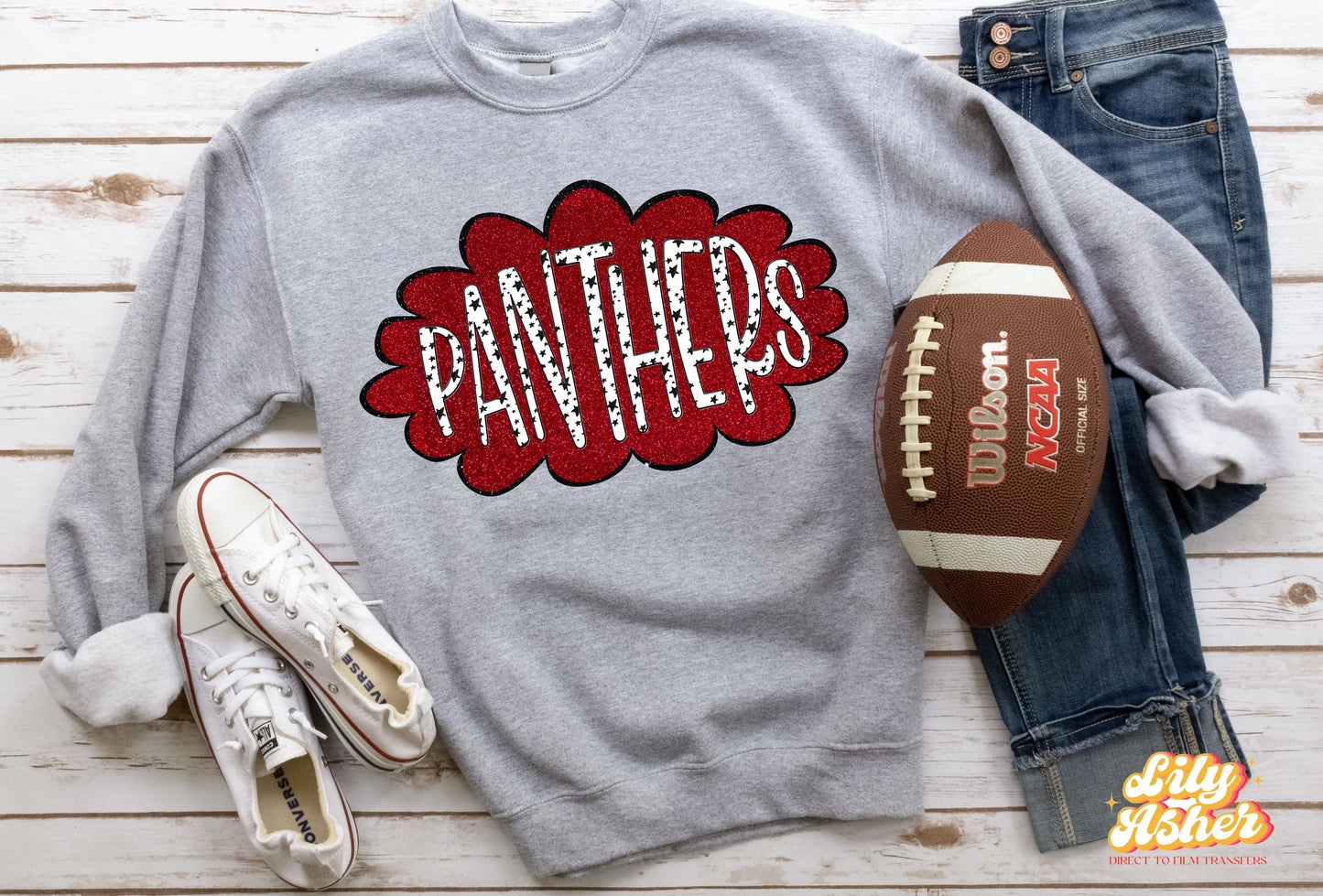 DTF PANTHERS RED/BLACK GLITTER CLOUD TRANSFER