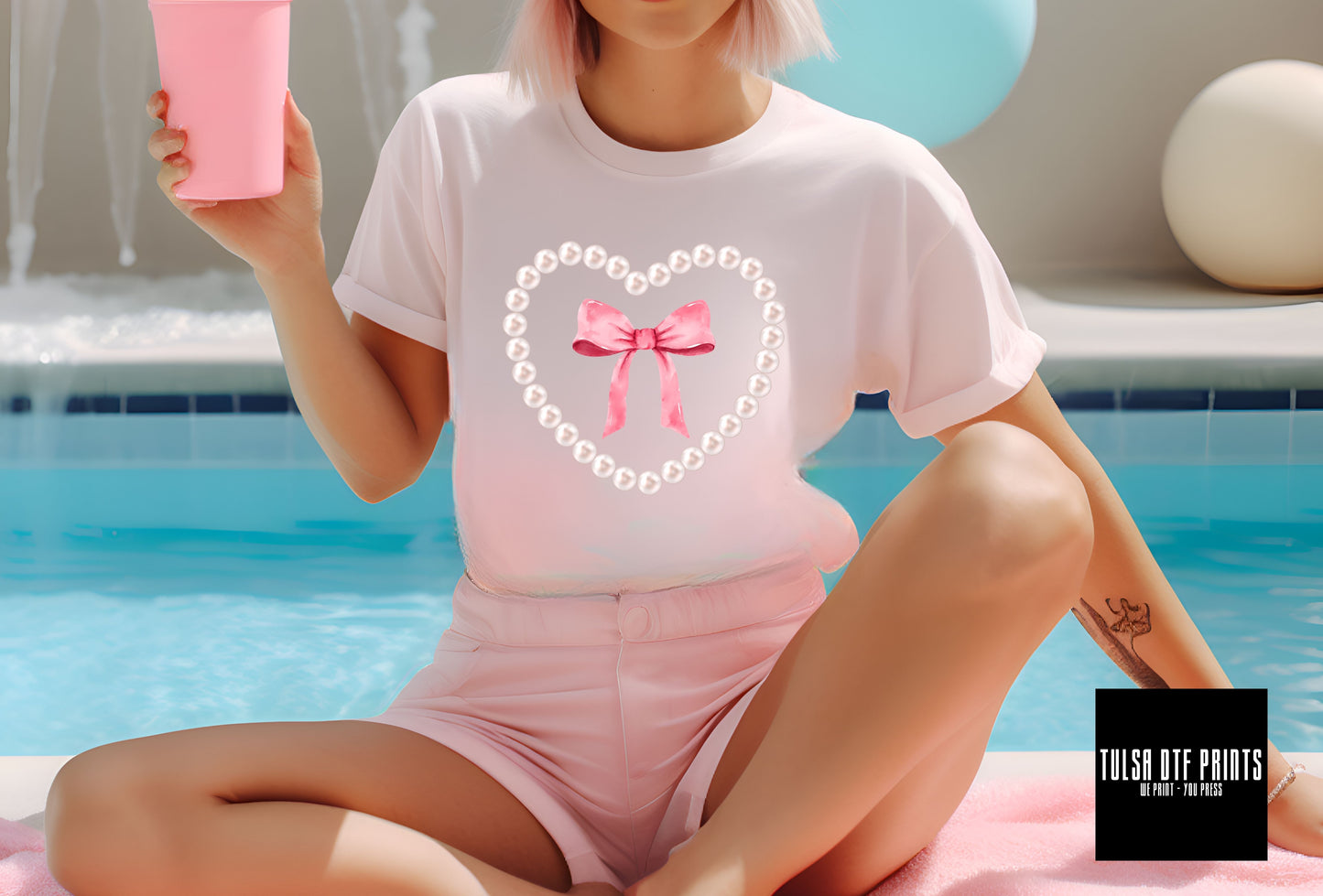 DTF PEARL HEART W/ BOW TRANSFER