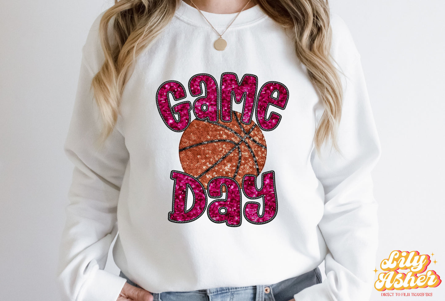 DTF PINK FAUX EMBROIDERY SEQUIN BASKETBALL TRANSFER