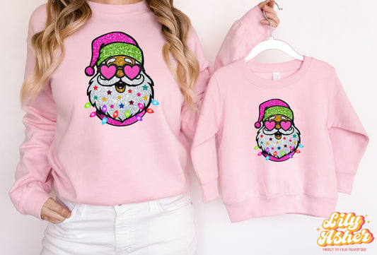 DTF PINK SPARKLY SANTA WITH SUNNIES TRANSFER