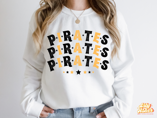 DTF PIRATES BLACK-YELLOW STACKED TEXT W/ STARS TRANSFER