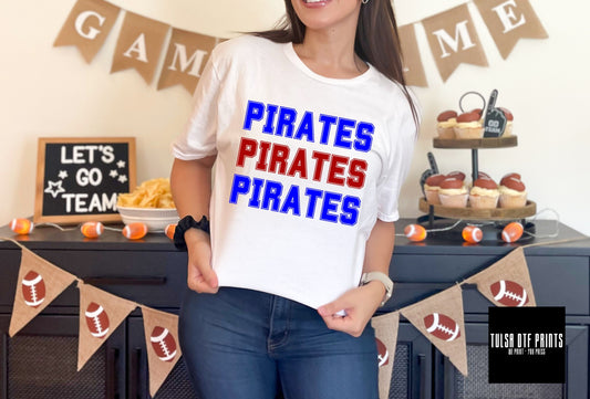 DTF PIRATES RED/BLUE RETRO STACKED TEXT GAME DAY TRANSFER