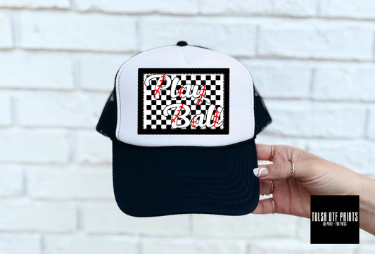 DTF PLAY BASEBALL CHECKERED FAUX HAT PATCH TRANSFER