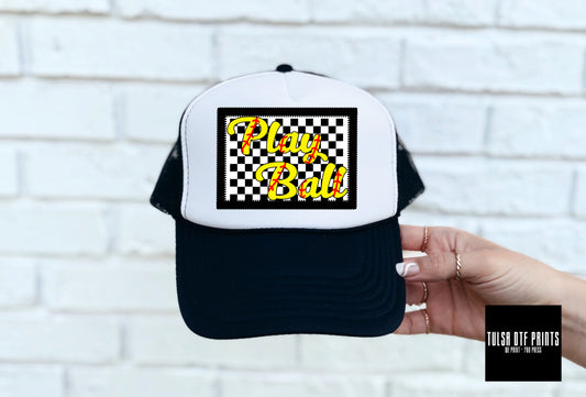 DTF PLAY SOFTBALL CHECKERED FAUX HAT PATCH TRANSFER