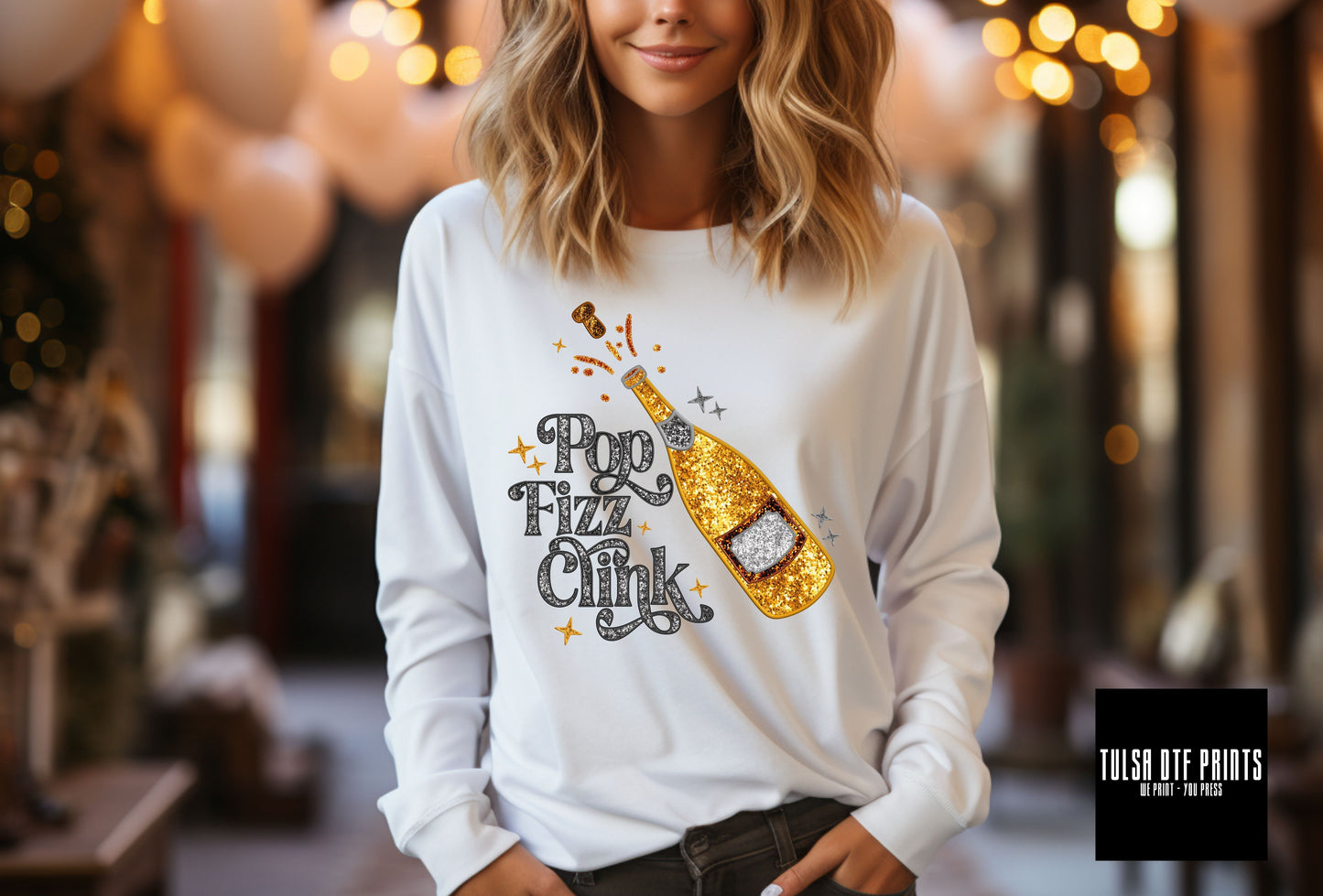 DTF POP FIZZ CLINK GOLD FAUX EMBROIDERY TRANSFER