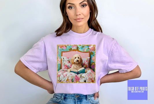 DTF PREPPY FLORAL BED GOLDEN DOODLE TRANSFER