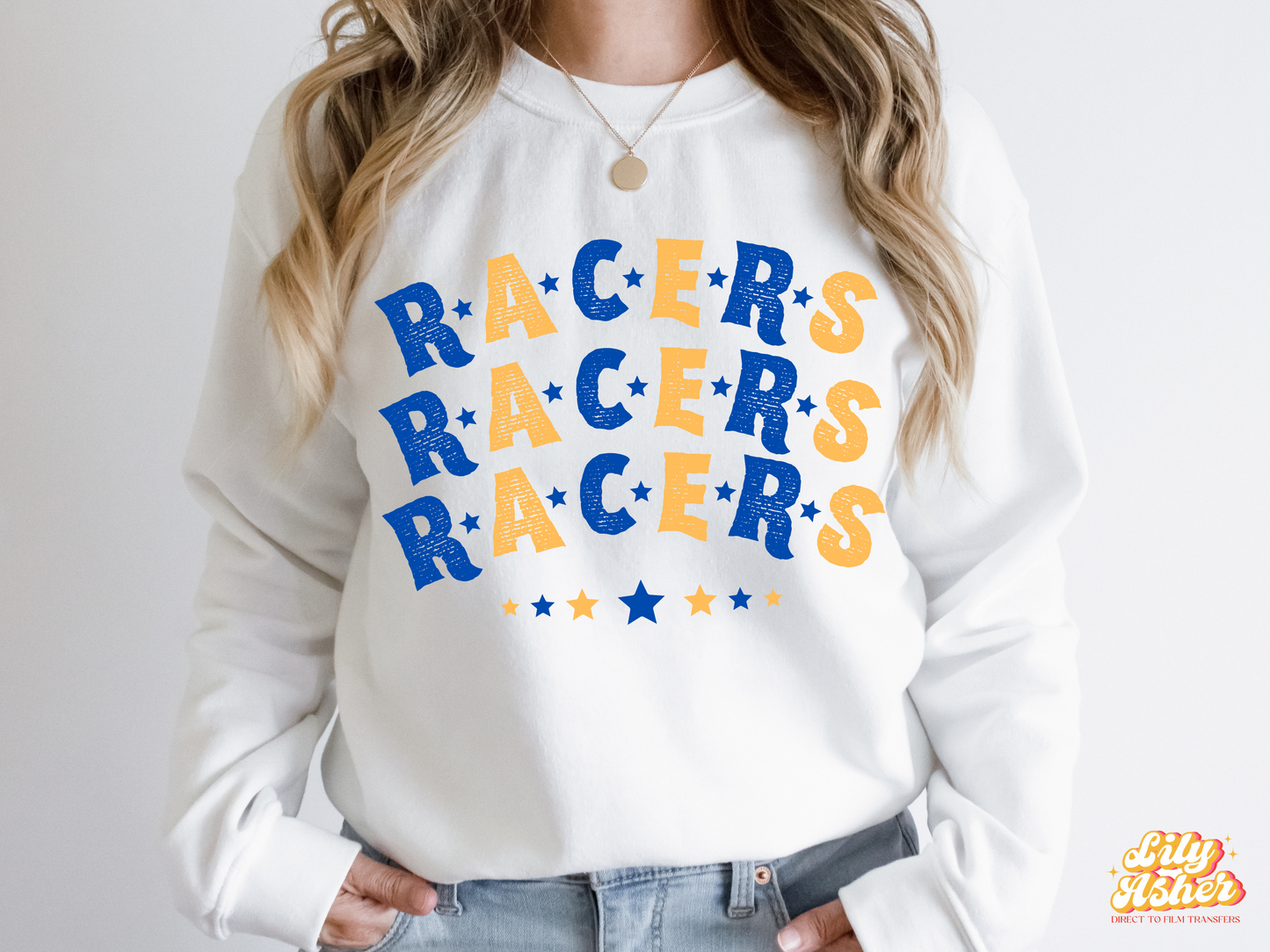 DTF RACERS BLUE/YELLOW GOLD STACKED TEXT W/ STARS TRANSFER