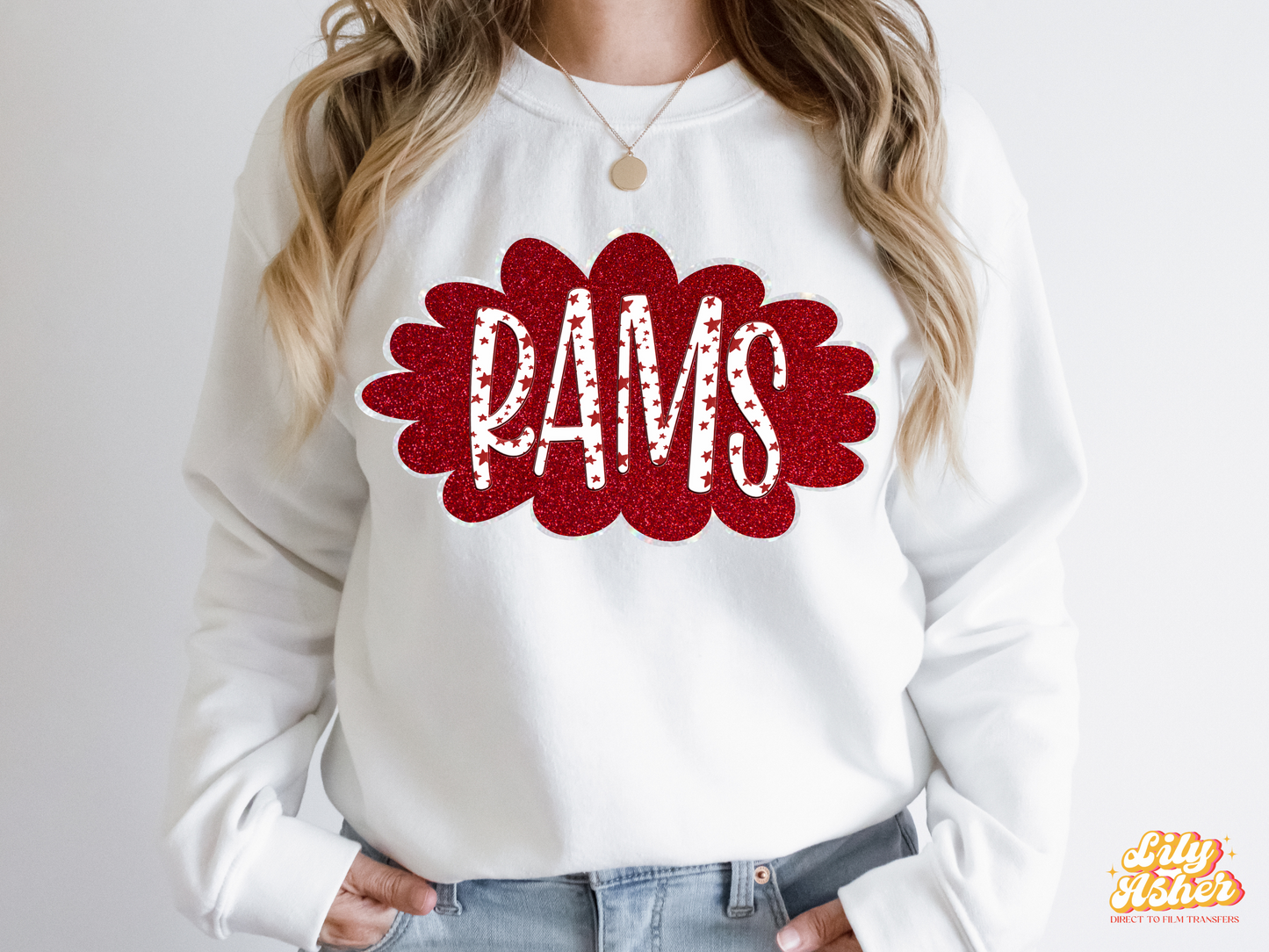 DTF RAMS RED/WHITE GLITTER CLOUD GAME DAY TRANSFER