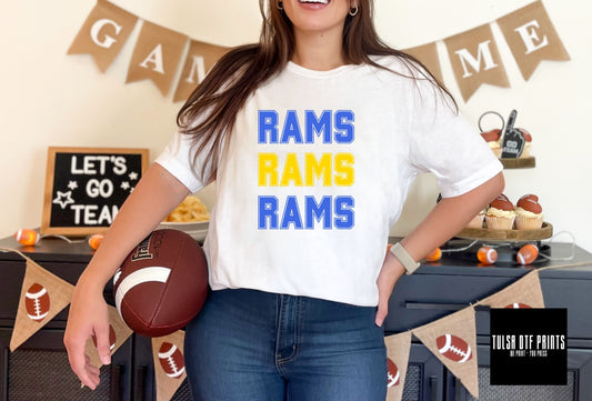 DTF RAMS ROYAL BLUE/YELLOW GOLD RETRO STACKED TEXT GAME DAY TRANSFER