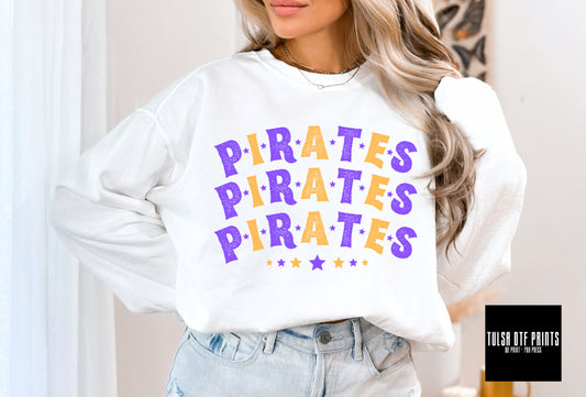 DTF PIRATES PURPLE/YELLOW STACKED TEXT W/ STARS TRANSFER