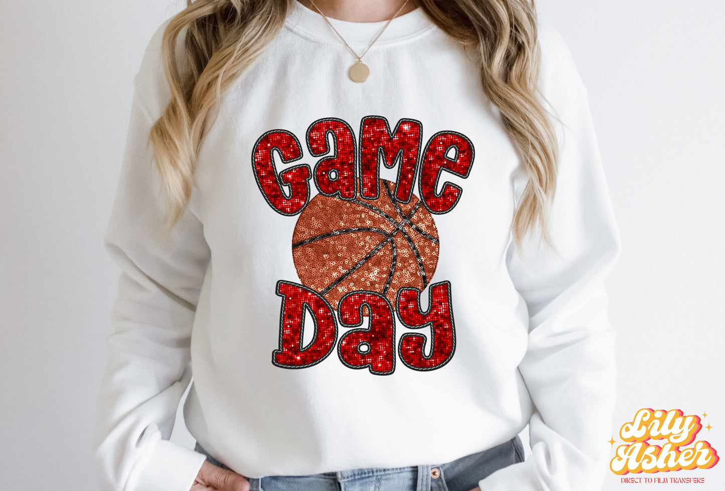 DTF RED FAUX EMBROIDERY SEQUIN BASKETBALL TRANSFER