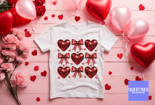 DTF RED V-DAY DISCO BOWS HEARTS TRANSFER