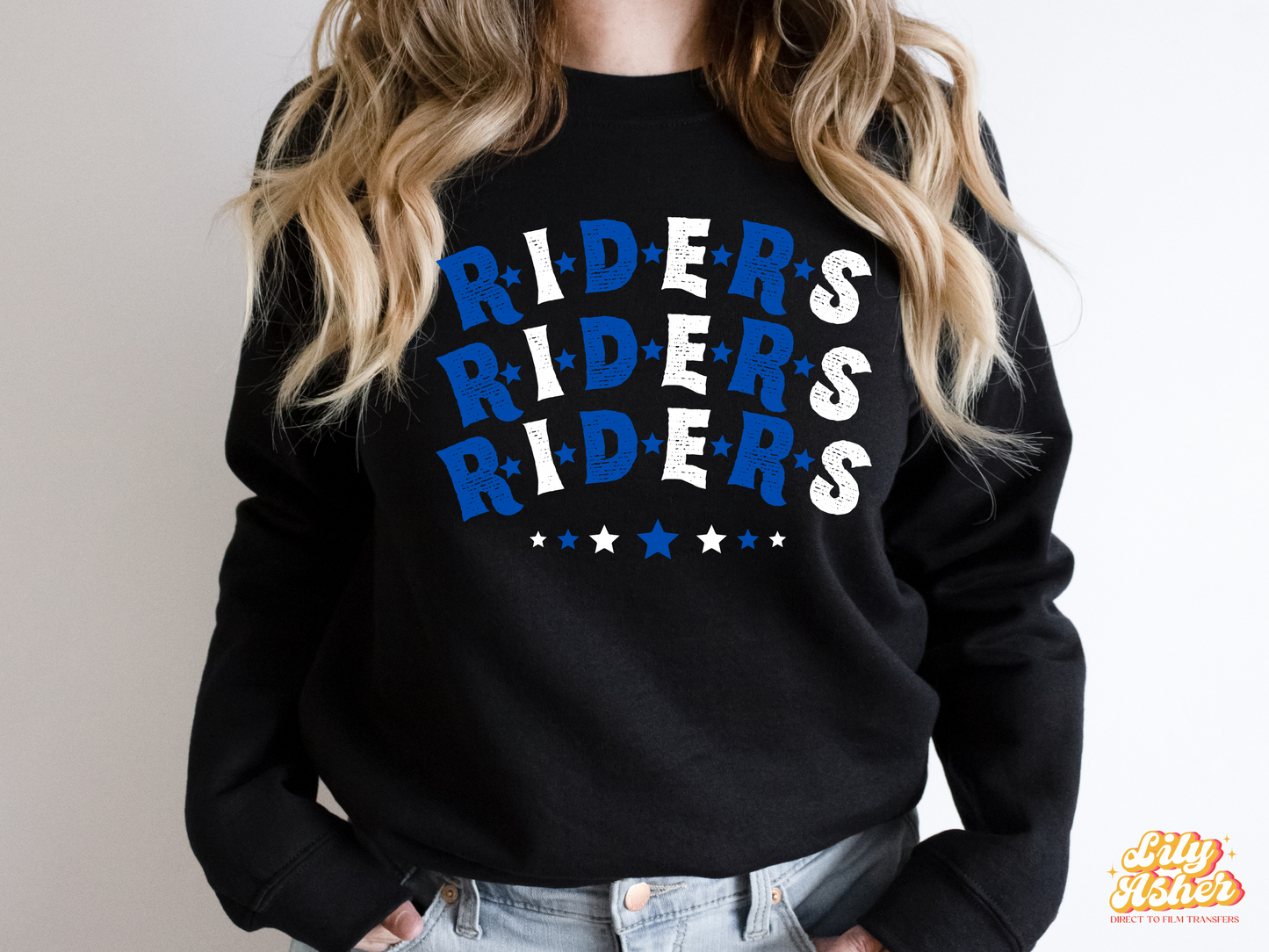 DTF RIDERS BLUE-WHITE STACKED TEXT W/ STARS TRANSFER