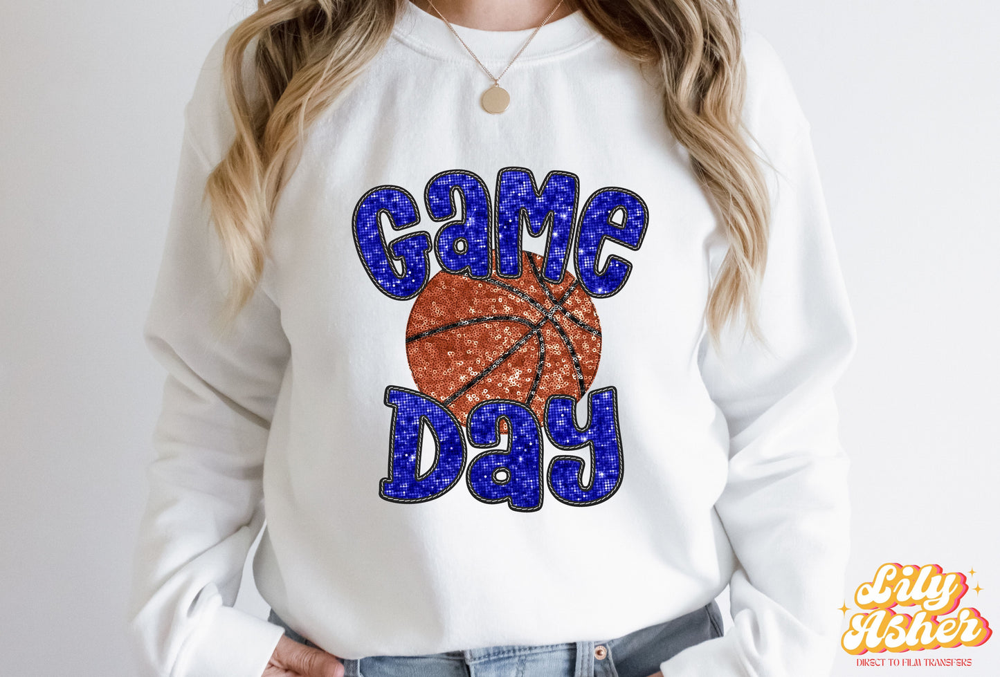 DTF ROYAL BLUE FAUX EMBROIDERY SEQUIN BASKETBALL TRANSFER