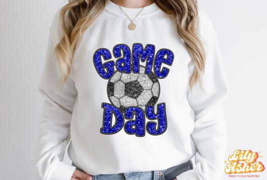 DTF ROYAL BLUE FAUX EMBROIDERY SEQUIN SOCCER TRANSFER