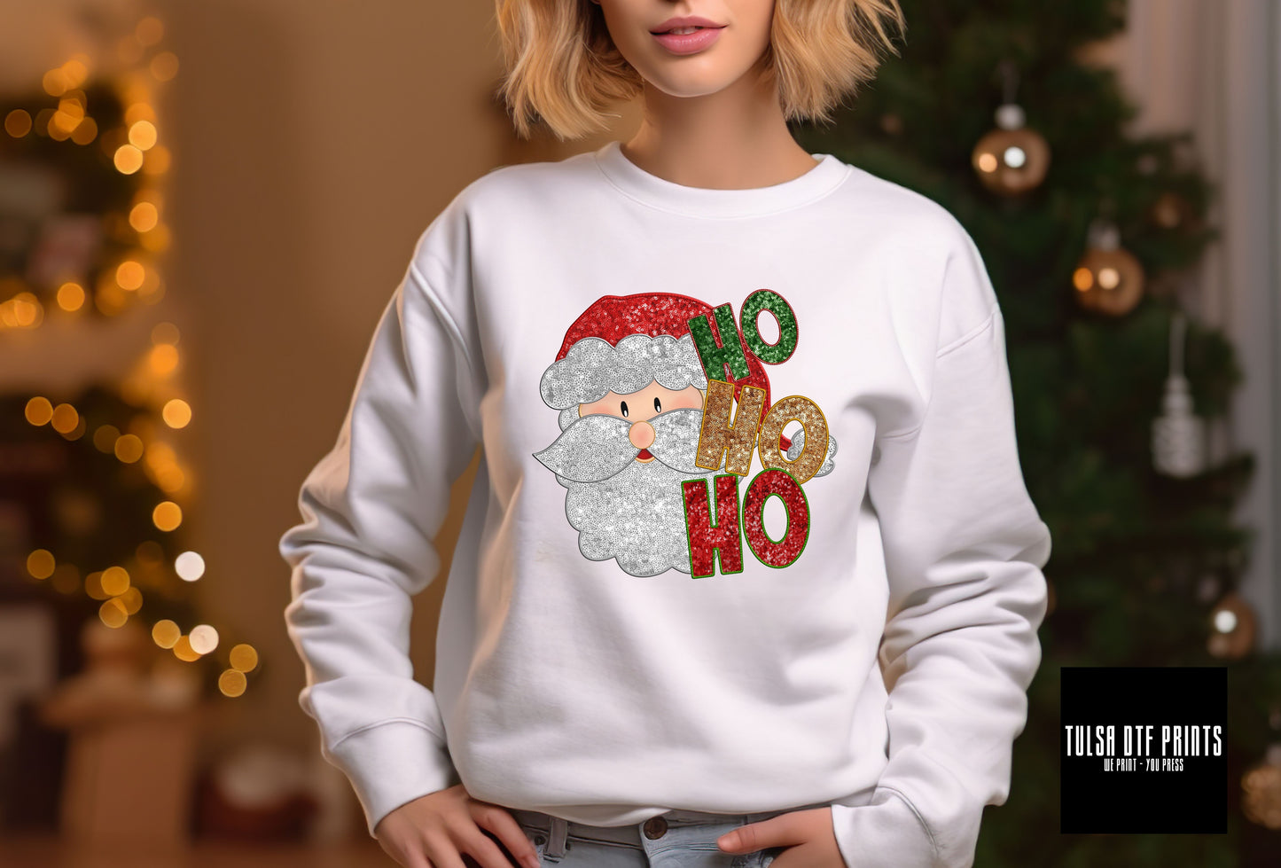 DTF SANTA HO HO HO FAUX EMBROIDERY SEQUIN TRANSFER