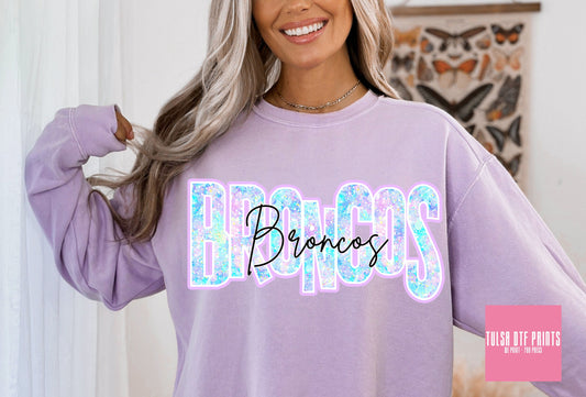 DTF BRONCOS FAUX GLITTER HOLO GAME DAY TRANSFER