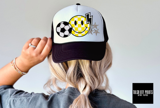 DTF SOCCER W/ CHECKERED SMILEY FAUX HAT PATCH TRANSFER