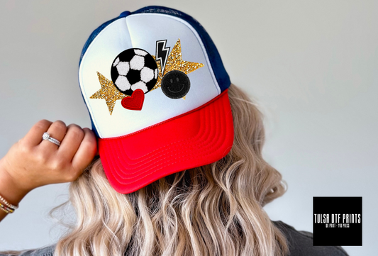 DTF SOCCER W/ GOLD STARS & SMILEY FAUX HAT PATCH TRANSFER