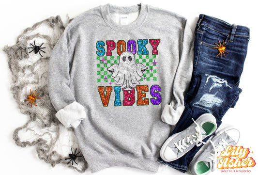 DTF SPOOKY VIBES FAUX EMBROIDERY SEQUIN TRANSFER