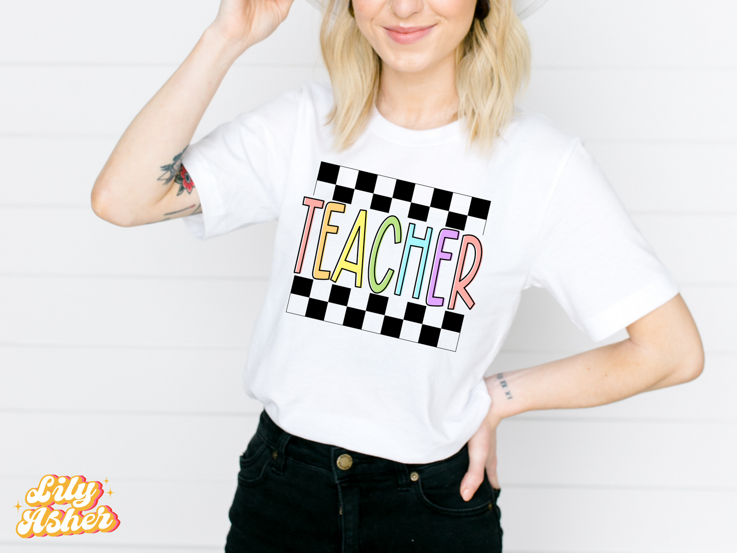 DTF TEACHER COLORFUL PATTERN AND CHECKERED TRANSFER
